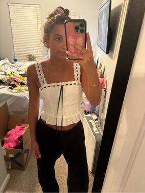 White Lace-Trim Square Neck Crop Top with Tie Detail